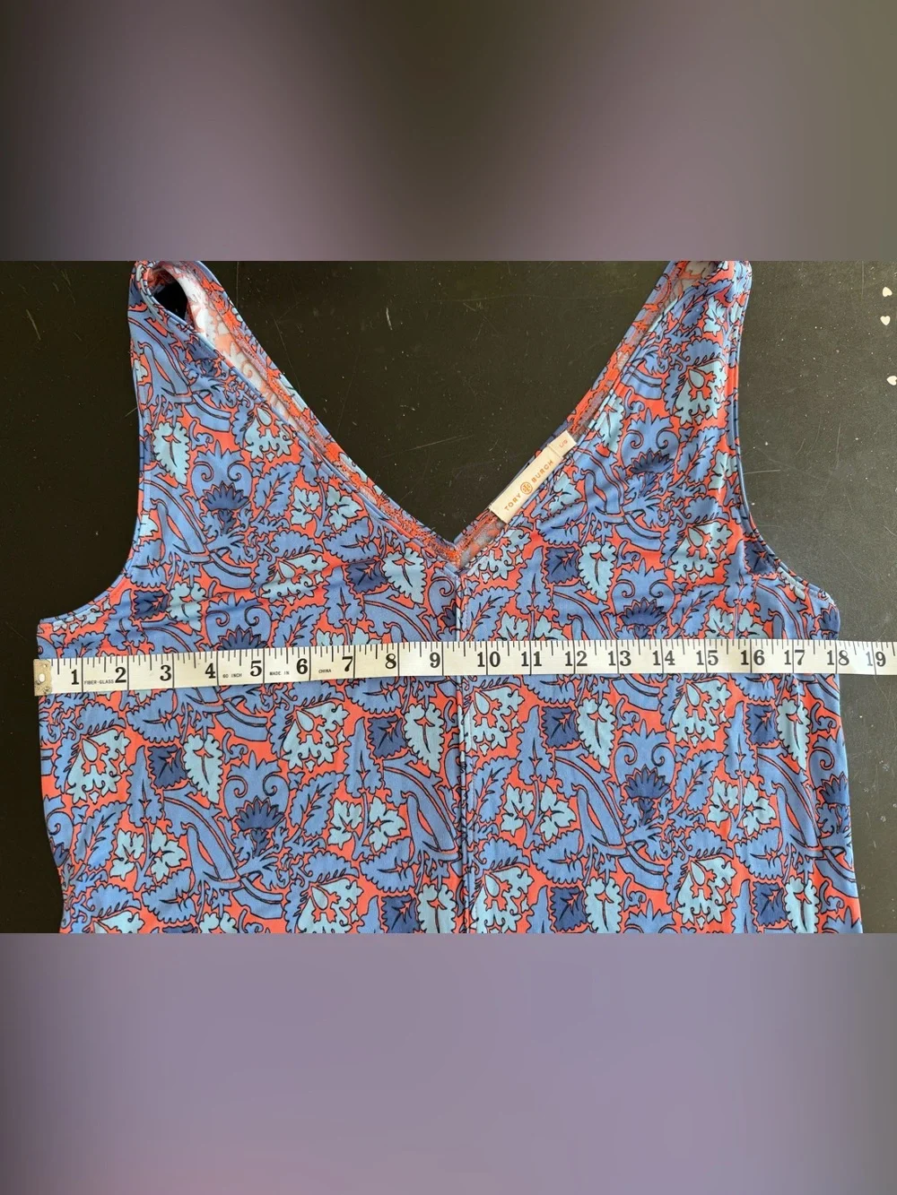 Tory Burch midi dress v neck orange blue paisley leaf pattern L